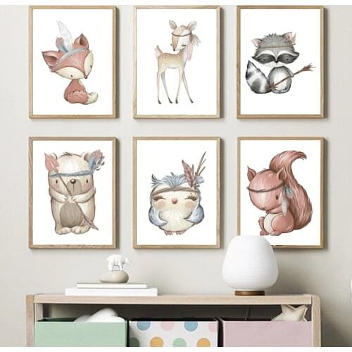 Indian Bear Deer Fox Owl Raccoon Squirrel Wall Art Canvas Painting Nordic Posters And Prints Wall Pictures Baby Kids Room Decor