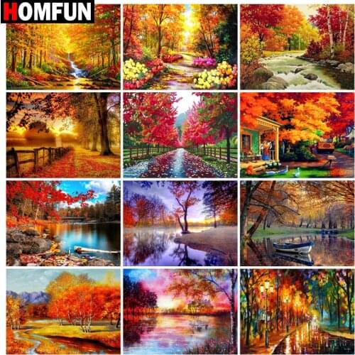 HOMFUN Rhinestone Painting Crystal Decor Diy Diamond Painting "Maple lake scenery" 3D Cross Stitch Pattern Diamond Embroidery