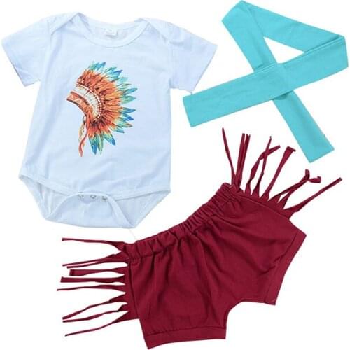 3 Pieces Set Newborn bebe kids baby girls clothes feather printing bodysuit+tassel shorts + Headband Infant Costume outfit sets