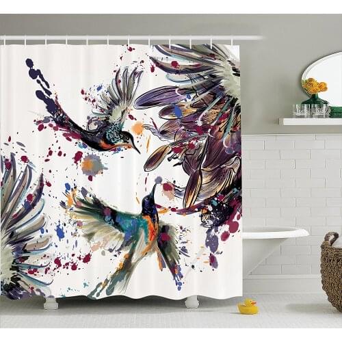 Hummingbirds Shower Curtain Set Lily Flowers Birds and Color Splashes in Watercolor Painting Style Bath Decor