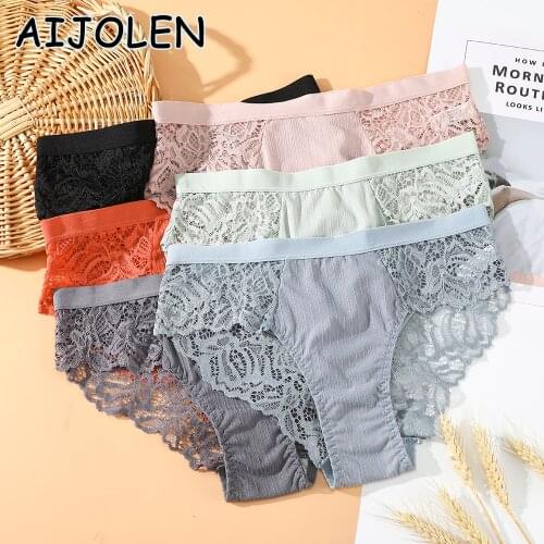 AIJOLEN Solid Color Large Size Lace Panties Stitching Hollow Sexy Underwear Wine Red Black Underpants Panties