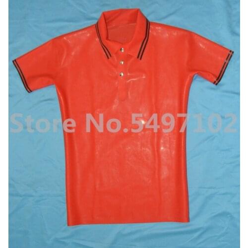 100% handmade red latex t-shirt short sleeve slim latex tops decoratived with black trims