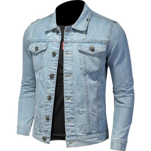 2021 Fashion Mens Light Blue Denim Jackets Slim Fit Mens Jeans Jacket Cotton Outwear Coat Long Sleeve Hole Male Clothing 4XL