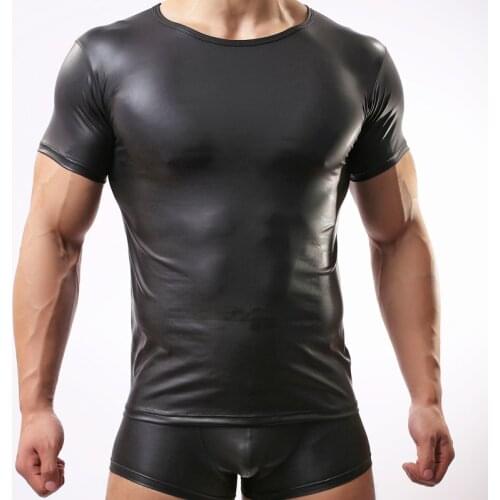 Mens Elastic Paint Leather T Shirts Men Sexy Fitness Tops Gay T-shirt Tees Mens stage O-Neck Sexy Men Casual Clothes