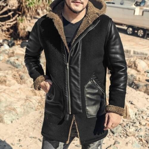 Winter Mens Thick Fur Lining Mid Long Faux Leather Jacket Patchwork Hoody Overcoat Bikers Slim Fit Casual Warm Pu Leather Coat