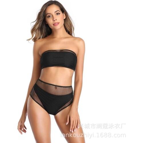 2021 New Women Tube top Bikini High Waist Solid Biquini Mesh Swimsuit Sexy Beach Swimwear Bathing Suit Wireless Bikini 3 Pieces
