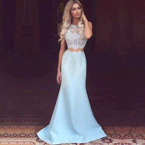 Two Piece Prom Dresses 2020 O-Neck Appliques Lace Light Blue Mermaid Satin Party Dresses Graduation Evening Gowns