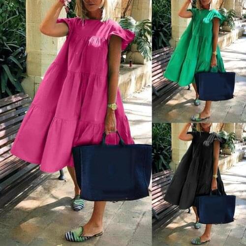 Summer Oversize Women Casual Dress Solid Color O Neck Ruffled Short Sleeve Large Hem A Line Midi Dress Candy Colour Clothes