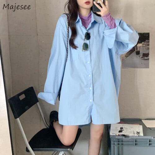 Shirts Women Solid Oversize Bf Couple Blue Basic Korean Style Leisure Daily Retro Classic Womens Fashion Sunproof Autumn Female