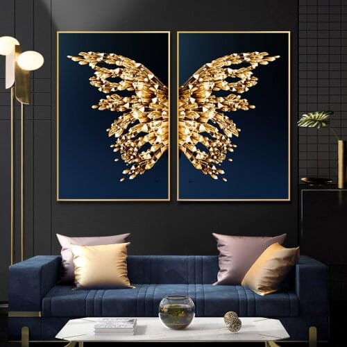 Self Adhesive Wall Sticker Golden Butterfly Wing Abstract Poster Print Wall Art Painting Nordic Picture for Living Home Decor
