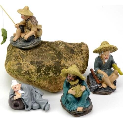 Fish tank decorations resin simulation ornaments fisherman old man flower bonsai home craft ornaments