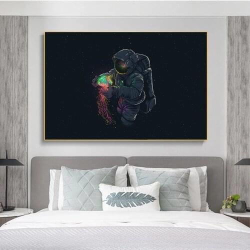 Fun Art Astronaut Playing Jellyfish In Space Canvas Painting Posters and Prints Modern Wall Art Pictures Cuadros for Living Room