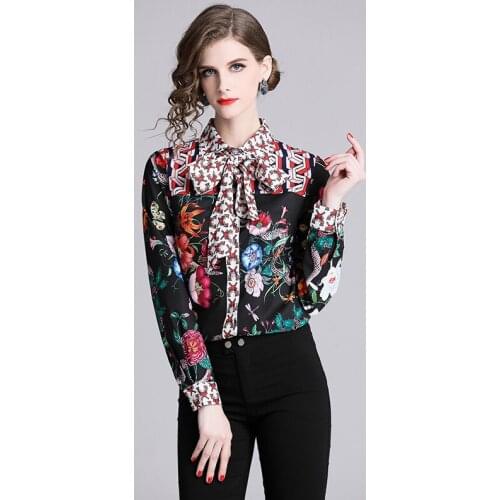 2021 Spring Autumn Womens Blouse EEuropean Fashion Lapel Print Tie Bow Long Sleeve Blouse New Female Slim Tops X546