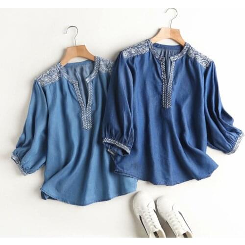Denim women embroidery shirt blouse v neck long sleeve blue shirt blouse streetwear casual jeans shirt top