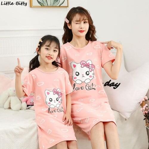Love Cat Girls Nightgowns Nightdress Animal Cartoon Family Matching Clothes Mother Daughter Dresses Matching Family Pajamas