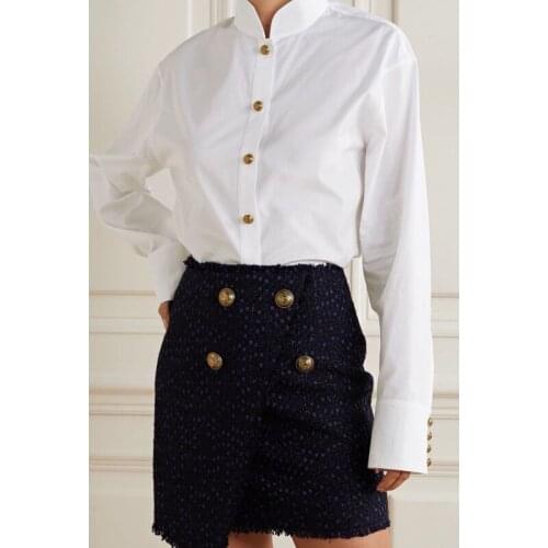 High End Quality 11.25 White Cotton Shirt Women Stand Collar Long Sleeve Gold Button Temperament Fashion Blouse