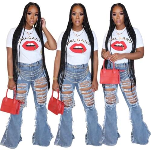 Women jeans fashion washed distressed ripped elastic skinny jeans high street trend denim pants sexy hole ladies flared pants