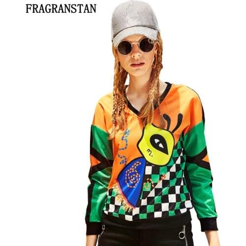 Female Spring Autumn New V-Neck Sweatshirts Fashion Hit Color Letter Cartoon Parttern Print Pullovers Lady Casual Loose Top Q497