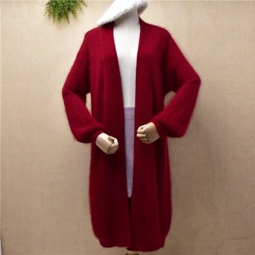 Ladies women fashion hairy angora rabbit hair knitted long lantern sleeves loose long sweater cardigan mink fur jacket coat pull