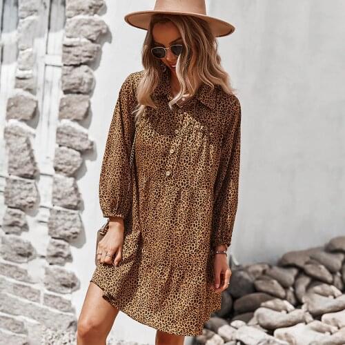 Women Summer Beach Chiffon Dress Casual Long Sleeve Leopard Dress Boho Mini Party Dress Elegant V Neck Sundress Vestidos 2021