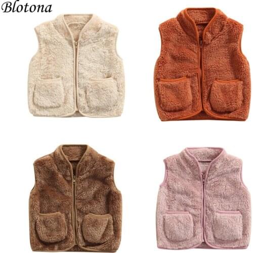 Blotona Infant Baby Sleeveless Plush Vest Waistcoat, Kids Solid Color V-neck Zipper Outerwear with Pockets, 1-5Years