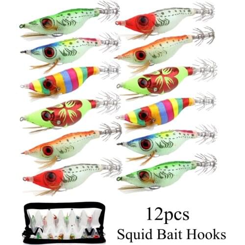 12pcs Multicolor Squid Bait Hooks Big Eyes Wooden Shrimp Jig Fishing Lures Hooks Wood Artificial Luminous Jigging Lure with Bag