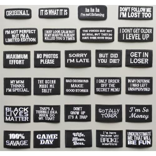 27 Styles) Black Words Patches for Clothes DIY Stripes Iron on Applique Clothing Stickers Embroidery Letters Badge for Backpack