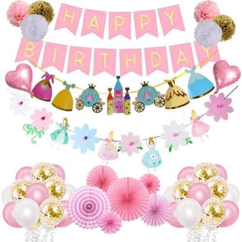 Princess Birthday Party Supplies Girl Pink And Gold Birthday Party Decorations with Princess Garland Latex Balloons Paper Flower