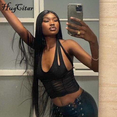 Hugcitar 2021 Sleeveless Halter Solid Hollow Out Bandage Sexy Ruched Tank Crop Top Summer Women Fashion Streetwear Camis Cute