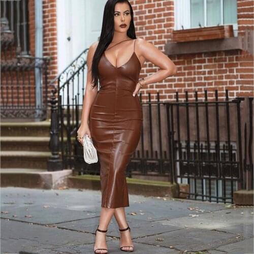 Summer Brown Solid Pu Leather Dress Women Sexy Spaghetti Straps V-Neck Backless Midi Bodyocn Party Club Long Dress 2021 New