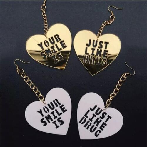 Fashion Gold Color Big Heart Drop Earrings For women Unique Letter "YOUR SMILE" Long Acrylic Earrings Jewelry Eardrop E18068