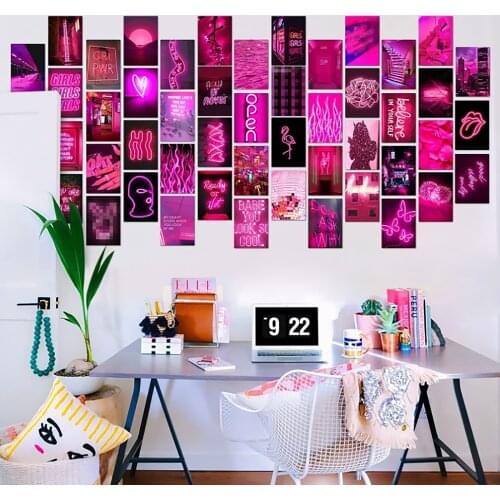50PCS Postcard Photo Collage Set Wall Collage Kit Exqusite Pink Posters Bedroom Decor Wall Art Print for Girls Room Dorm