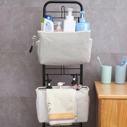 New Canva Iron Frame Hanging Storage Bag Sofa Bedside Storage Organizer Dorm Room Holder With Hook Bed Pocket Phone Magazine Bag