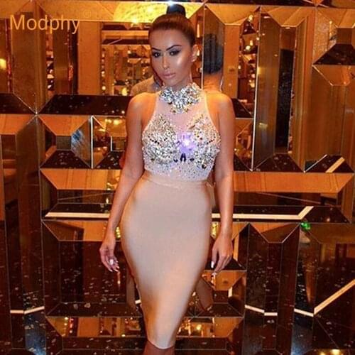 2019 Winter New Fashion Womens Bandage Dress Sexy Black Sleeveless Luxury Diamond Bodycon Dress Club Evening Party Vestidos