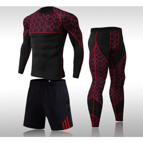 New Mens Sport Running Compression Set Grid Long Sleeves Sweatshirt Tracksuit Fitness Rashguard MMA Gym Training Clothes