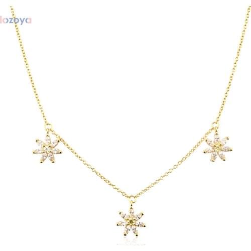 LOZOYA 925 Sterling Silver Gold Three Chain Women Fashion Chrysanthemum Charm Zircon Pave Choker Necklace Long Fine Jewelry