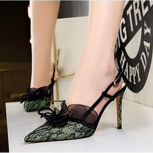 Sexy Lace Pumps Pointed Toe Cut Out Back Strap Buckle Sandals Women High Thin Heel Celebrity Dress Party Shoes
