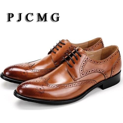 PJCMG New Breathable Black Carved Loafers Mens Dress Genuine Leather Lace-Up Pointed Toe Wedding Mens Office Business Shoes