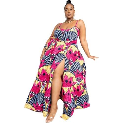 Polyester African Dresses For Women Summer Spaghetti Strap Split Sexy Party Dress Tunic Night Club Sleeveless Long Maxi Dresses