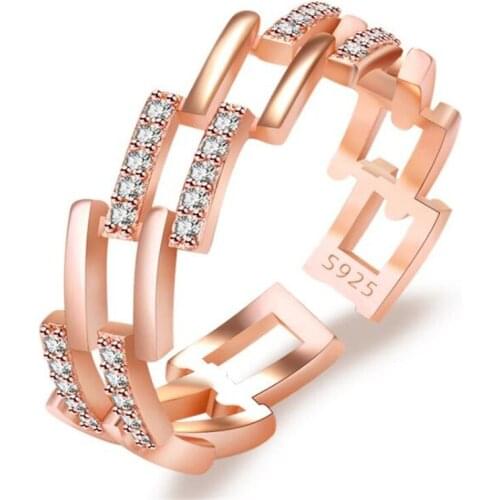 Luxury Double Crystal Hollow Out Metal Ring Rose Gold Gold And Silver Color Open Ring Elegant Female Jewelry