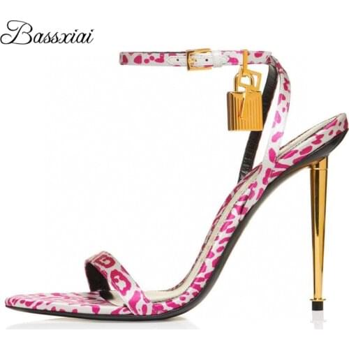 Sharp High Heel Sandals For Girls Women Ankle Strap Pointed Toe Metal Locked Decor Real Leather Summer Sandalias