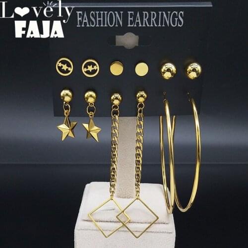 6 Pair Star Stainless Steel Simple Earrings for Women Gold Color Earrings Jewelry acero inoxidable joyeria mujer E61283S03