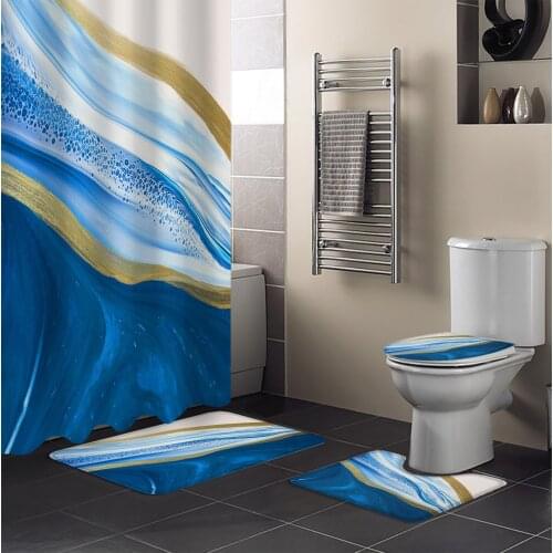 Blue Gradient Marbling Watercolor Shower Curtain Set Toilet Seat Cover Set Bathroom Decor Accessories Mat Bathroom Curtain