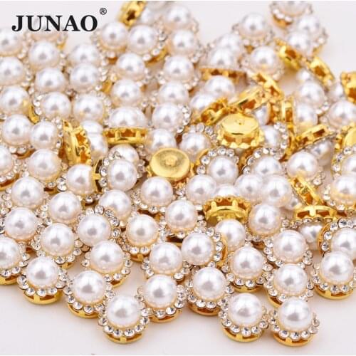 JUNAO 8 10 12 mm Sewing White Pearl Rhinestone Gold Claw Crystal Stone Sew On Round Strass Flower Applique for Dress Jewelry