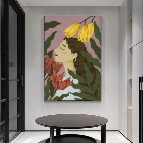 Vintage Floral Long Beautiful Woman Canvas Painting Wall Art Poster and Print Pictures for Living Room Interior Home Decor