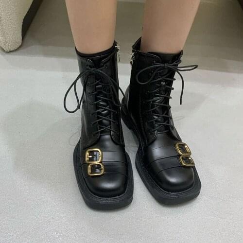 British Double metal buckle belt riding women boots zipper mid-calf cross-tied botines square toe thick heels chelsea botas 2021