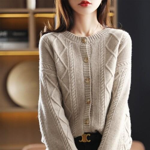 2021 new autumn and winter cashmere sweater womens round neck button cardigan solid color loose 100% wool knitted coat fashion