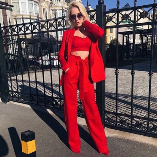 Smart Bow Tie Three Piece Blazer Pants Set Women Spaghetti Strap Crop Top Elegant Wide Leg Deep V Neck Long Sleeve Sexy Pants