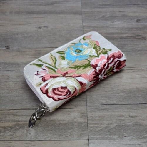 New national wind embroidered long wallet female double-sided embroidery double zipper multi-function hand mobile phone purse