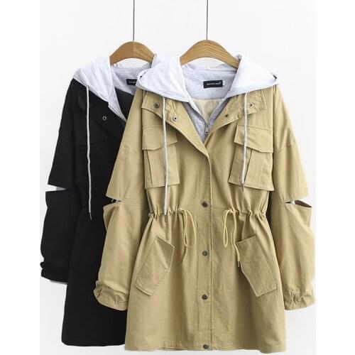 Trench Coat Women 2021 New Spring Autumn Clothes Loose Drawstring Fake Two Casual Hooded Windbreaker Female Outerwear